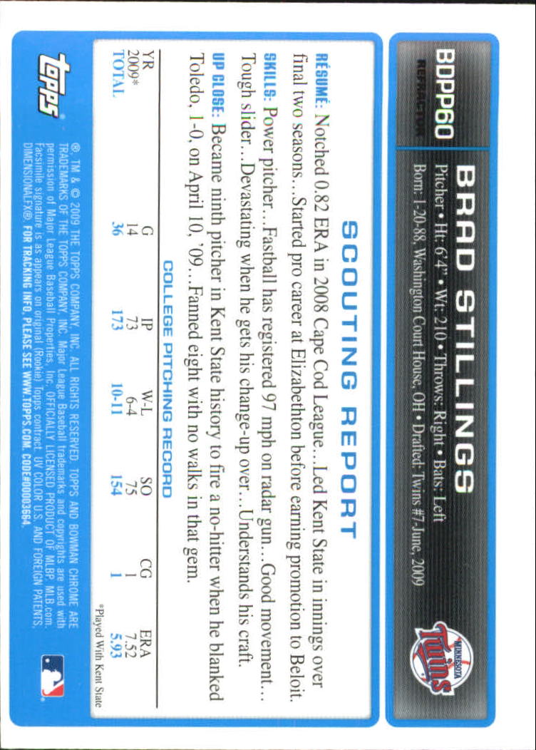 2009 Bowman Chrome Draft Prospects Refractors #BDPP60 Brad Stillings back image