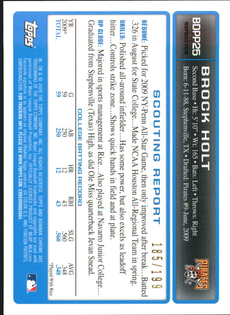 2009 Bowman Chrome Draft Prospects X-Fractors #BDPP25 Brock Holt back image
