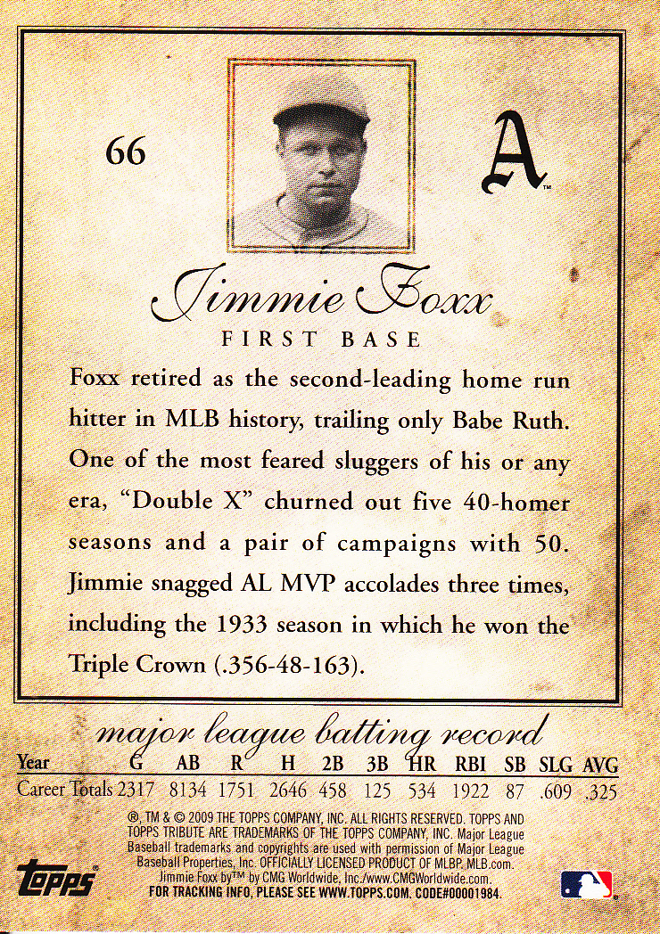 2009 Topps Tribute #66 Jimmie Foxx back image
