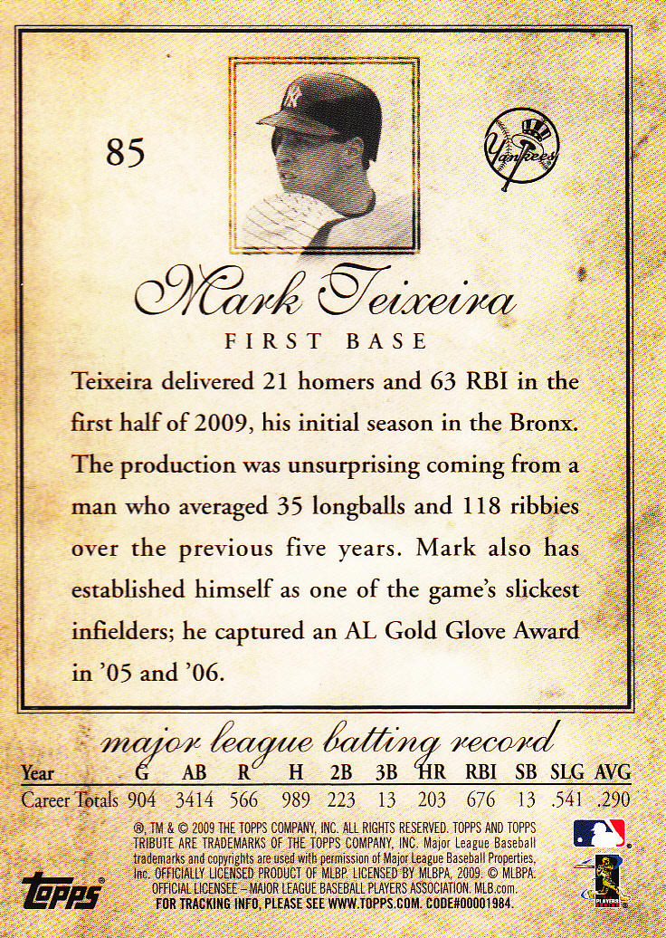 2009 Topps Tribute #85 Mark Teixeira back image