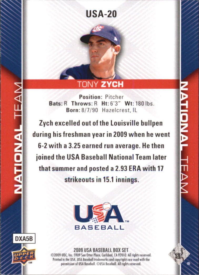 2009-10 USA Baseball #USA20 Tony Zych back image