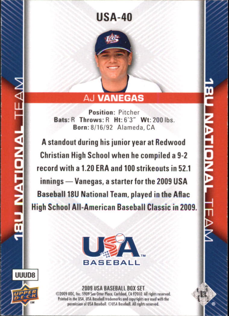 2009-10 USA Baseball #USA40 A.J. Vanegas back image