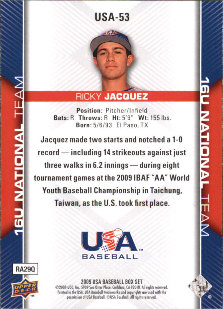 2009-10 USA Baseball #USA53 Ricardo Jacquez back image