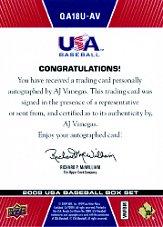 2009-10 USA Baseball 18U National Team Q And A Autographs #AV A.J. Vanegas back image