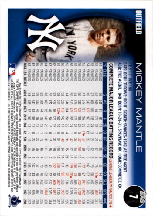 2010 Topps #7 Mickey Mantle back image