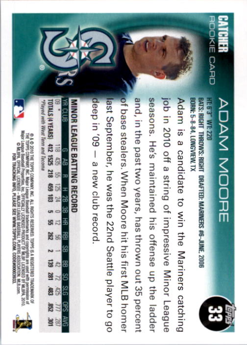 2010 Topps #33 Adam Moore RC back image