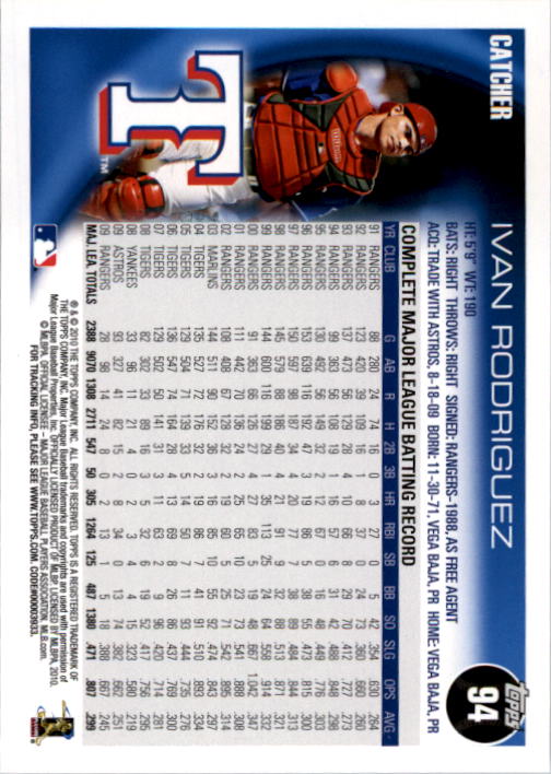 2010 Topps #94A Ivan Rodriguez back image