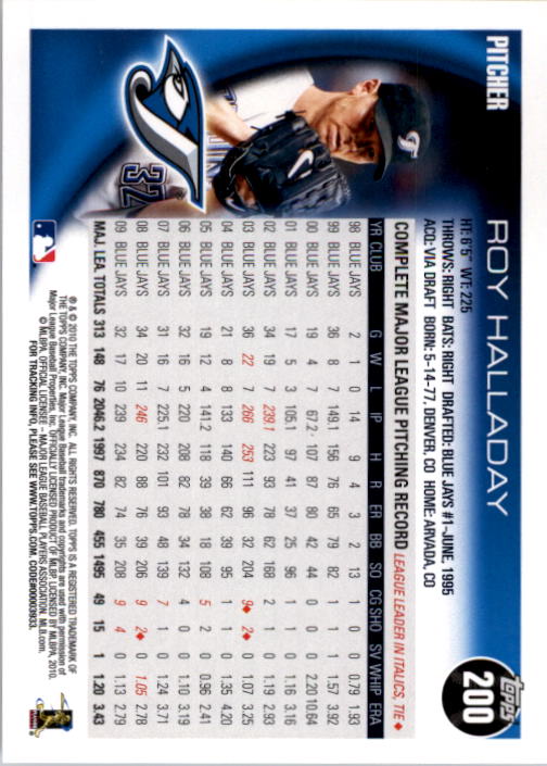 2010 Topps #200A Roy Halladay back image