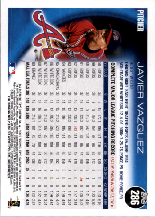 2010 Topps #286 Javier Vazquez back image