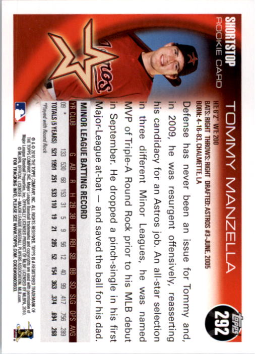 2010 Topps #292 Tommy Manzella (RC) back image