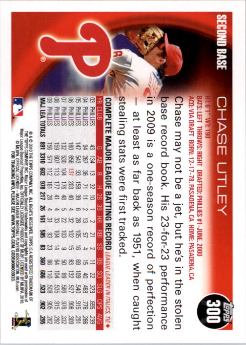 2010 Topps #300A Chase Utley back image
