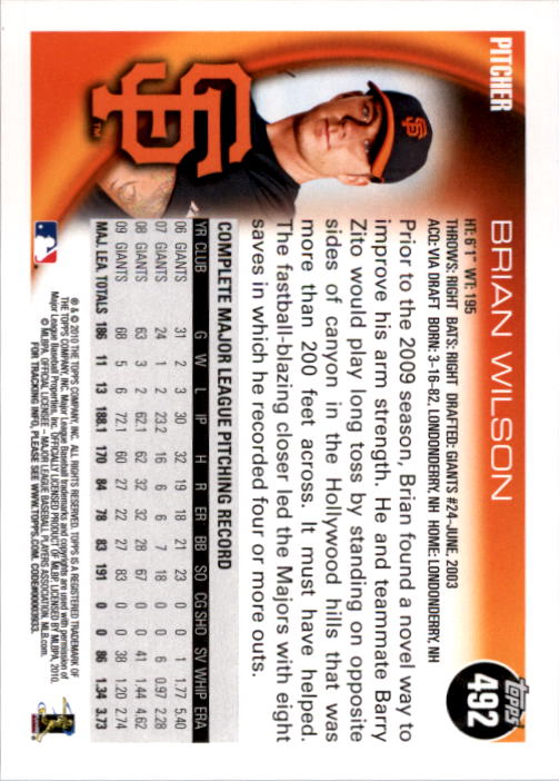 2010 Topps #492 Brian Wilson back image