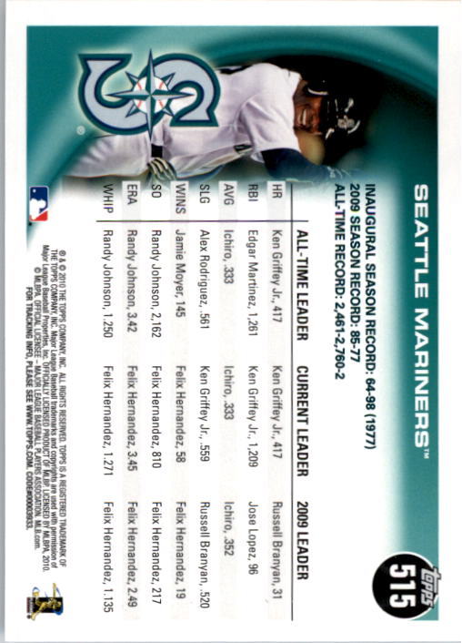 2010 Topps #515 Seattle Mariners back image