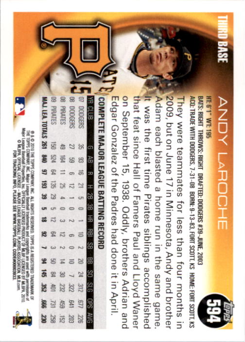 2010 Topps #594 Andy LaRoche back image
