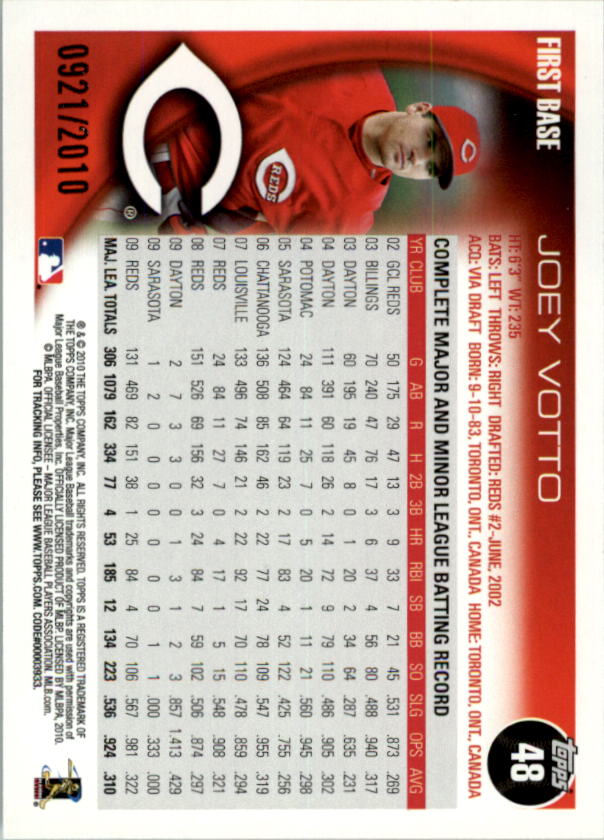 2010 Topps Gold Border #48 Joey Votto back image