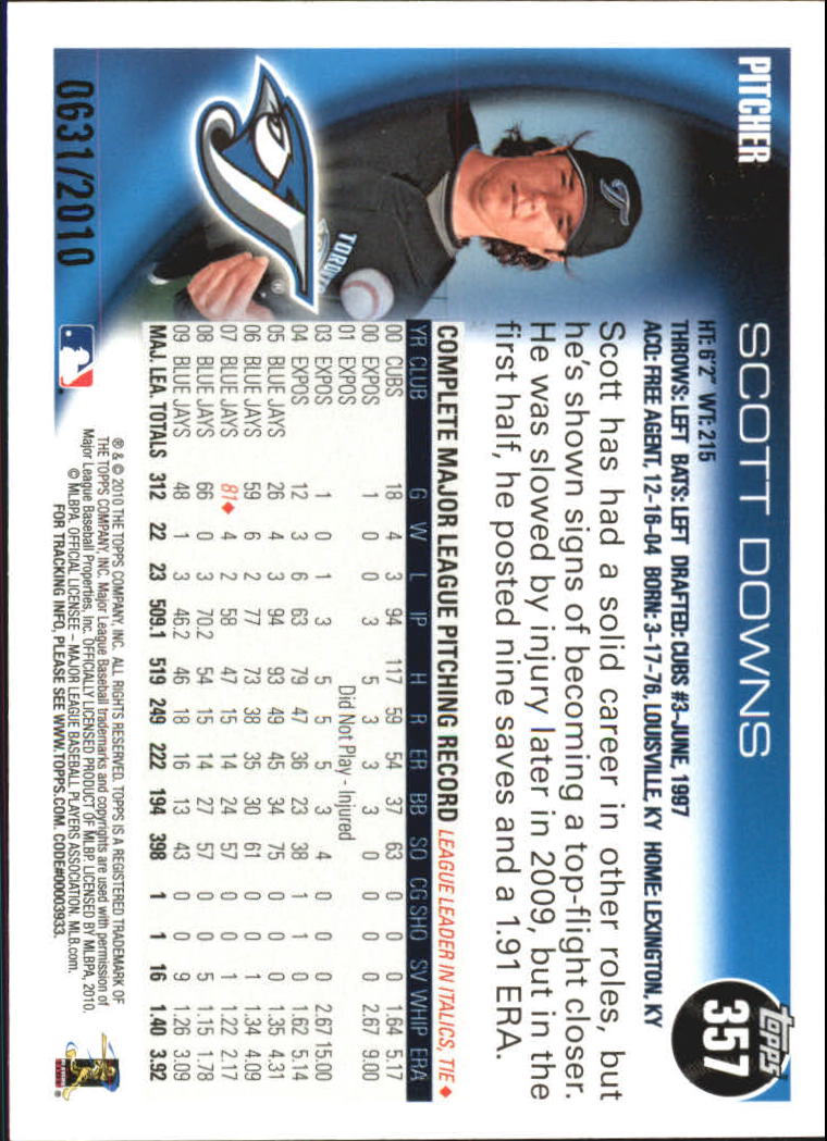 2010 Topps Gold Border #357 Scott Downs back image