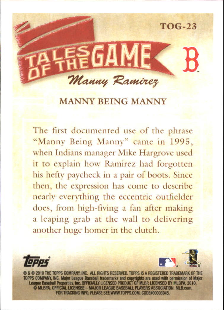2010 Topps Tales of the Game #TOG23 Manny Being Manny back image