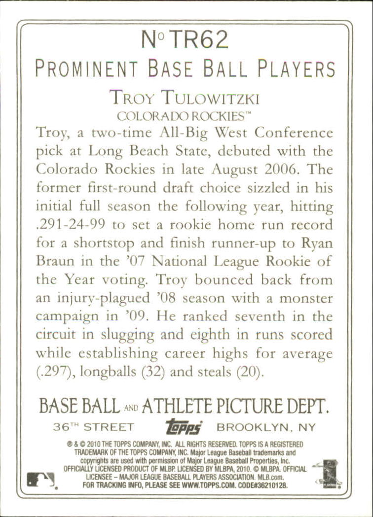 2010 Topps Turkey Red #TR62 Troy Tulowitzki back image
