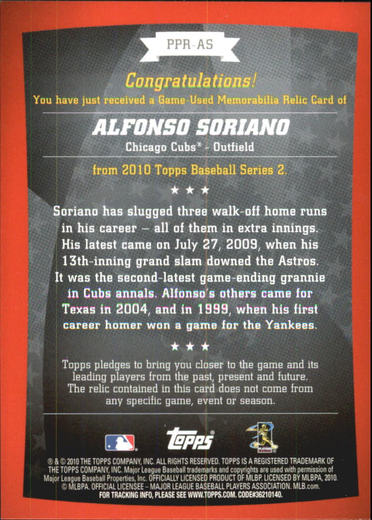 2010 Topps Peak Performance Relics #AS Alfonso Soriano S2 back image