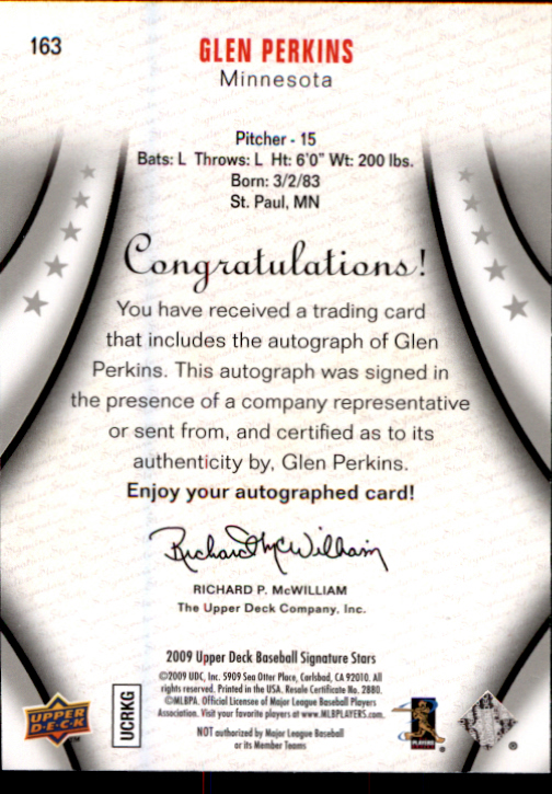 2009 Upper Deck Signature Stars #163 Glen Perkins AU back image