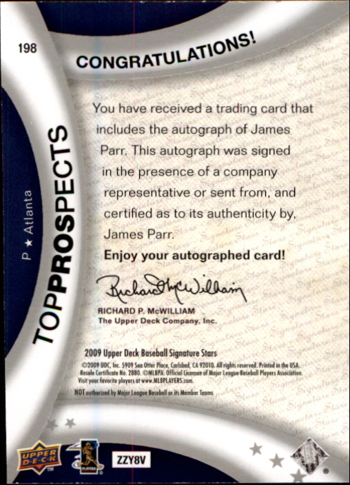 2009 Upper Deck Signature Stars #198 James Parr AU (RC) back image