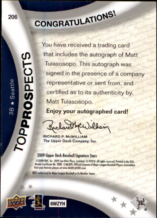2009 Upper Deck Signature Stars #206 Matt Tuiasosopo AU (RC) back image