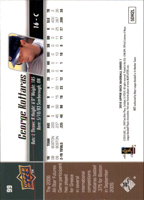 2010 Upper Deck #99 George Kottaras back image