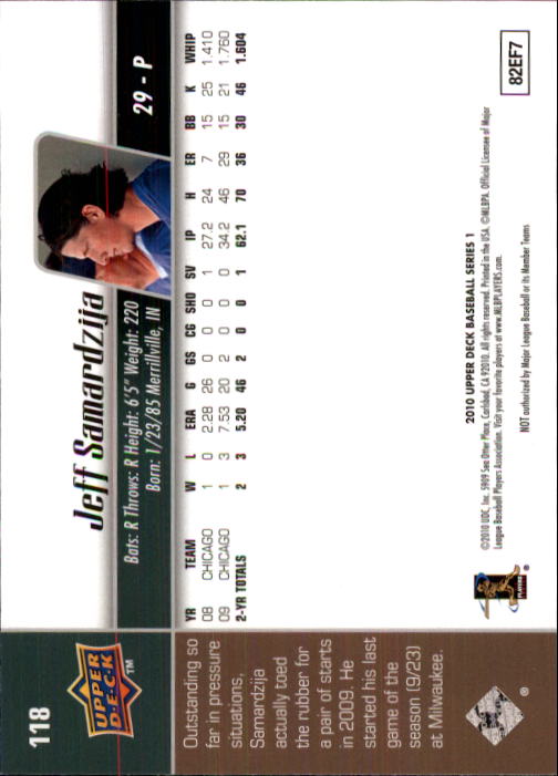2010 Upper Deck #118 Jeff Samardzija back image