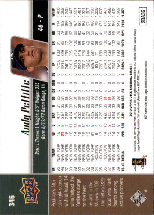 2010 Upper Deck #346 Andy Pettitte back image