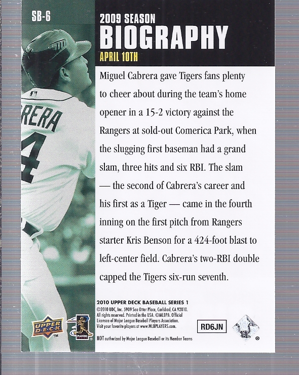 2010 Upper Deck Season Biography #SB6 Miguel Cabrera back image