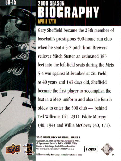 2010 Upper Deck Season Biography #SB15 Gary Sheffield back image