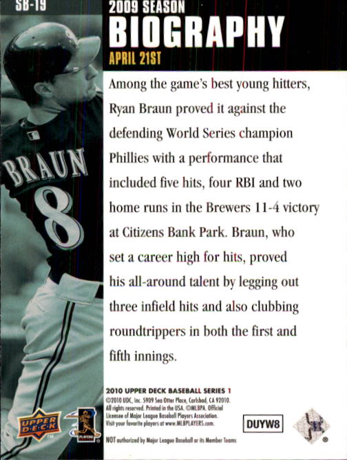2010 Upper Deck Season Biography #SB19 Ryan Braun back image
