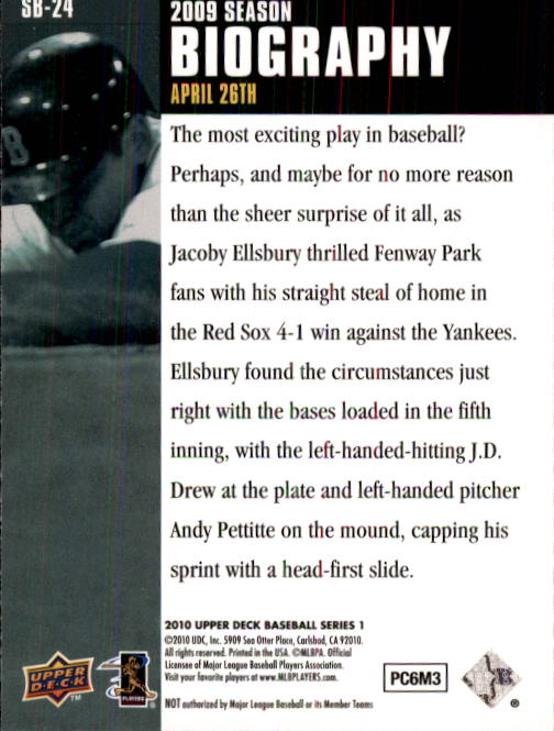 2010 Upper Deck Season Biography #SB24 Jacoby Ellsbury back image