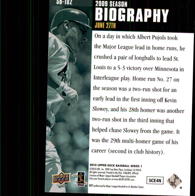 2010 Upper Deck Season Biography #SB102 Albert Pujols back image