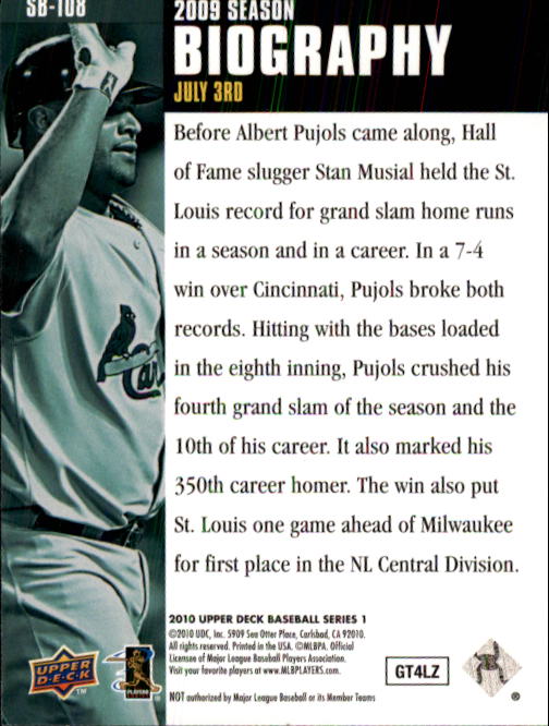 2010 Upper Deck Season Biography #SB108 Albert Pujols back image