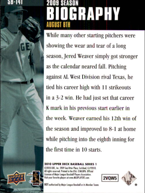 2010 Upper Deck Season Biography #SB141 Jered Weaver back image
