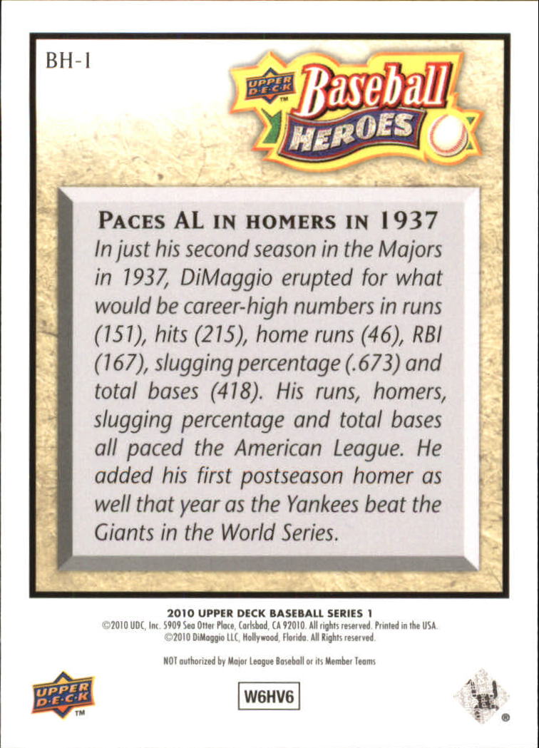 2010 Upper Deck Baseball Heroes #BH1 Joe DiMaggio back image
