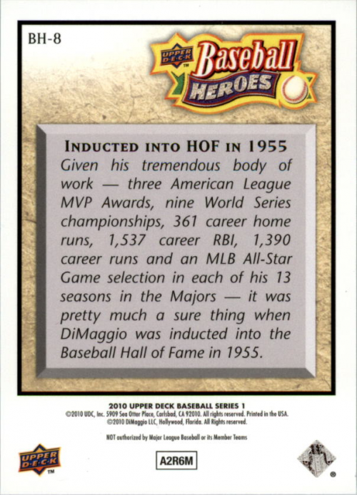 2010 Upper Deck Baseball Heroes #BH8 Joe DiMaggio back image