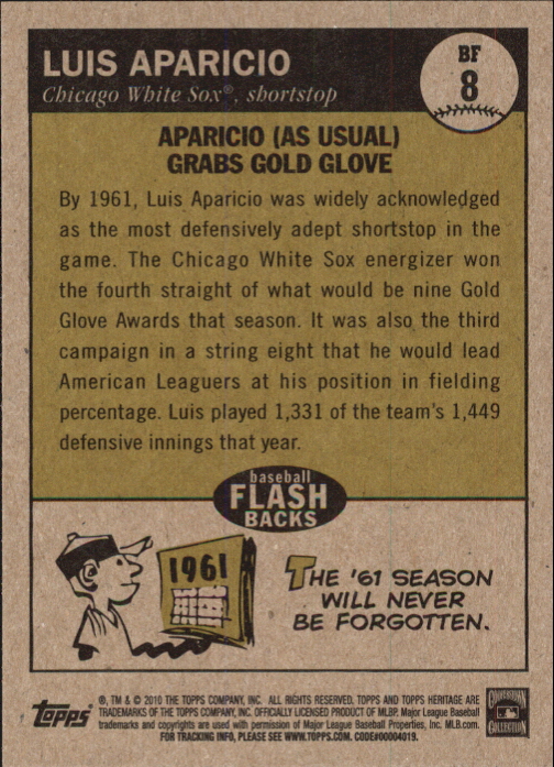 2010 Topps Heritage Baseball Flashbacks #BF8 Luis Aparicio back image