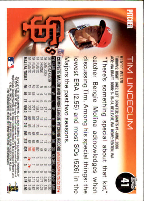 2010 Topps Opening Day #41 Tim Lincecum back image
