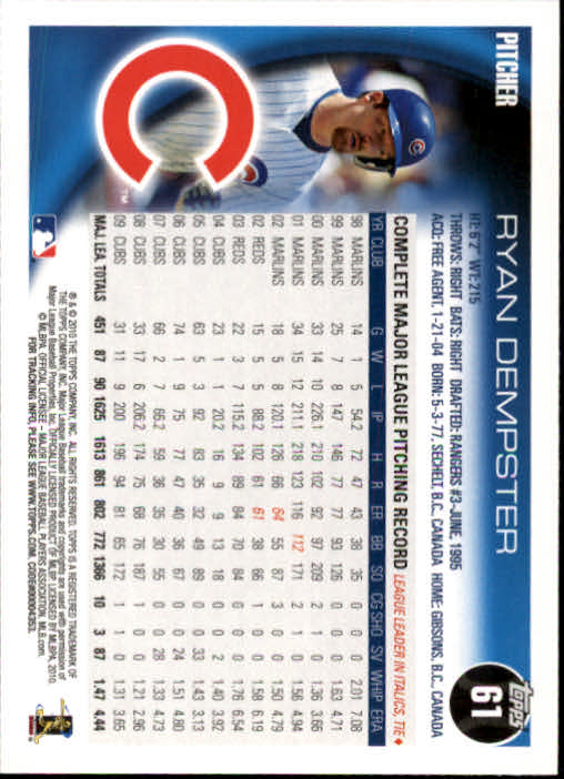 2010 Topps Opening Day #61 Ryan Dempster back image