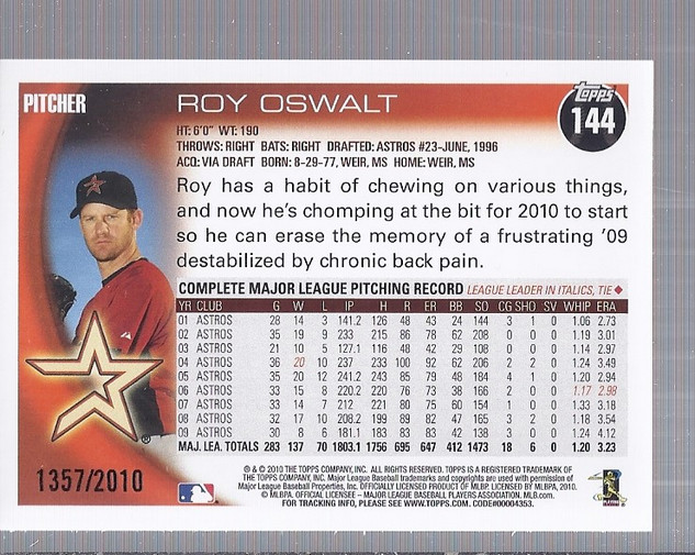 2010 Topps Opening Day Blue #144 Roy Oswalt back image