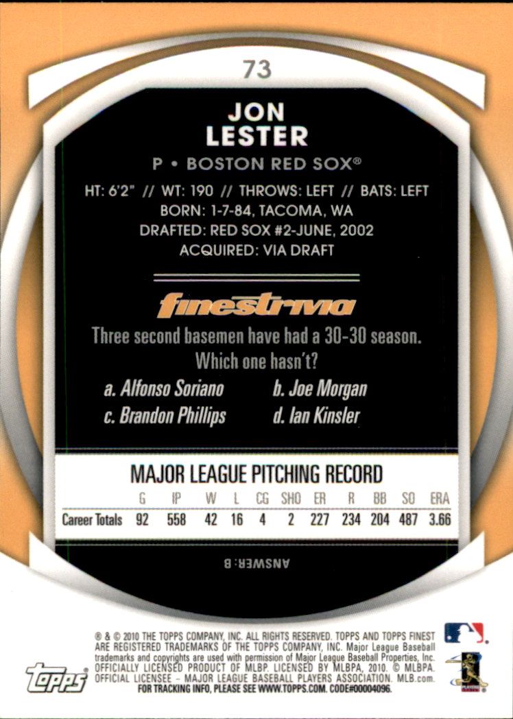 2010 Finest #73 Jon Lester UER/Name spelled John back image