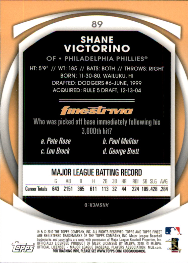 2010 Finest #89 Shane Victorino back image