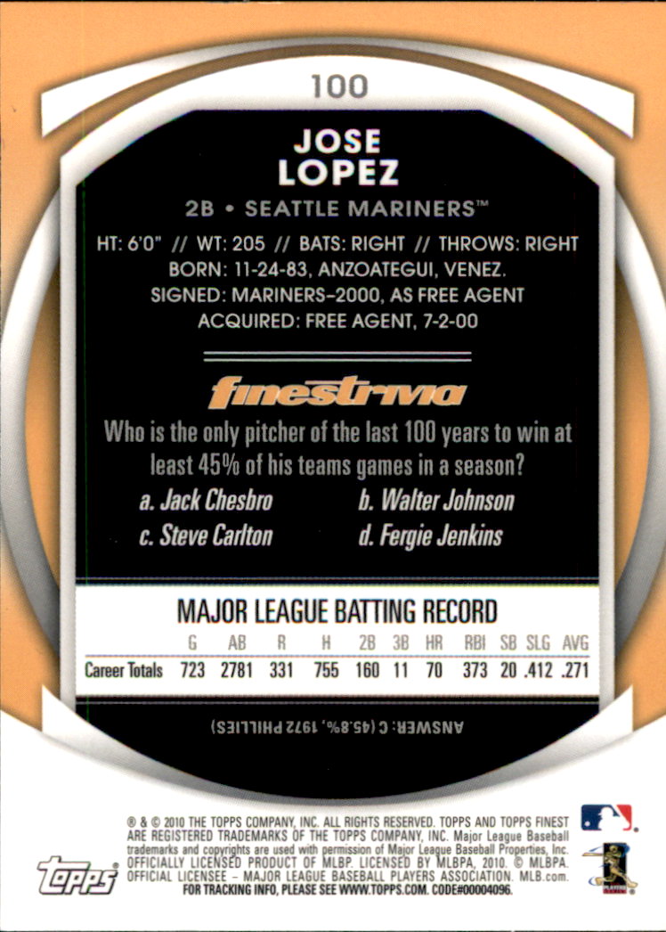2010 Finest #100 Jose Lopez back image