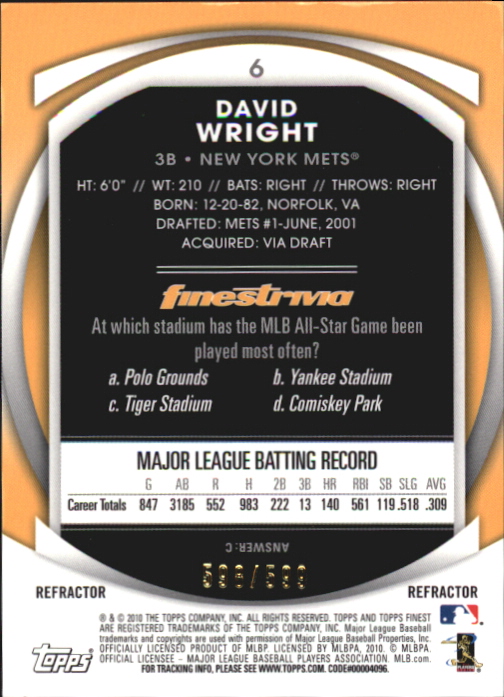 2010 Finest Refractors #6 David Wright back image
