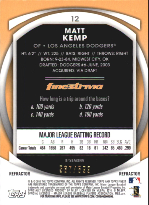 2010 Finest Refractors #12 Matt Kemp back image
