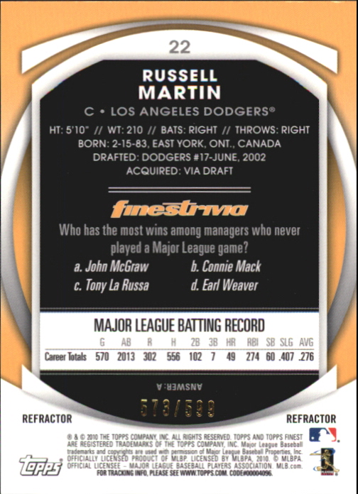 2010 Finest Refractors #22 Russell Martin back image