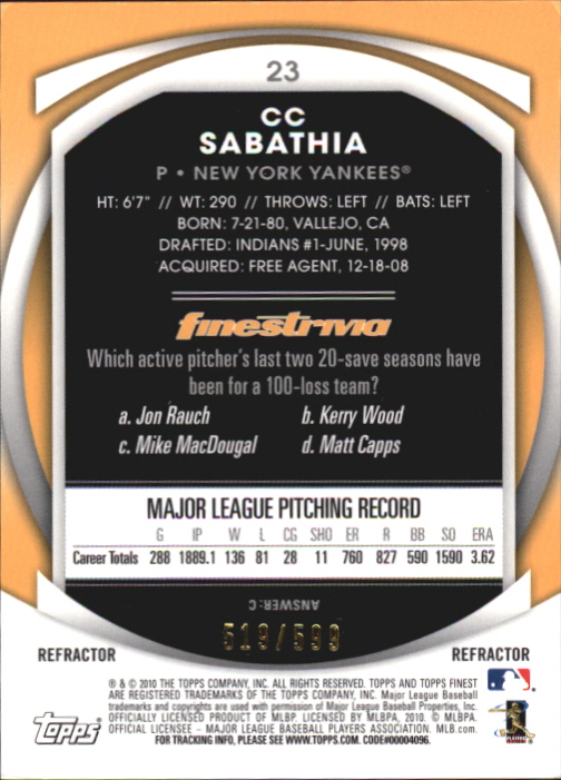 2010 Finest Refractors #23 CC Sabathia back image