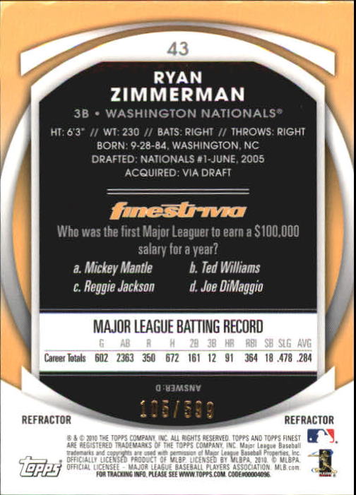 2010 Finest Refractors #43 Ryan Zimmerman back image